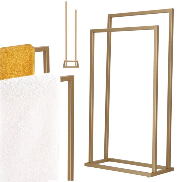 Suport metalic de baie pentru prosoape, cu 2 standuri, 86 cm, auriu mat - Image 4