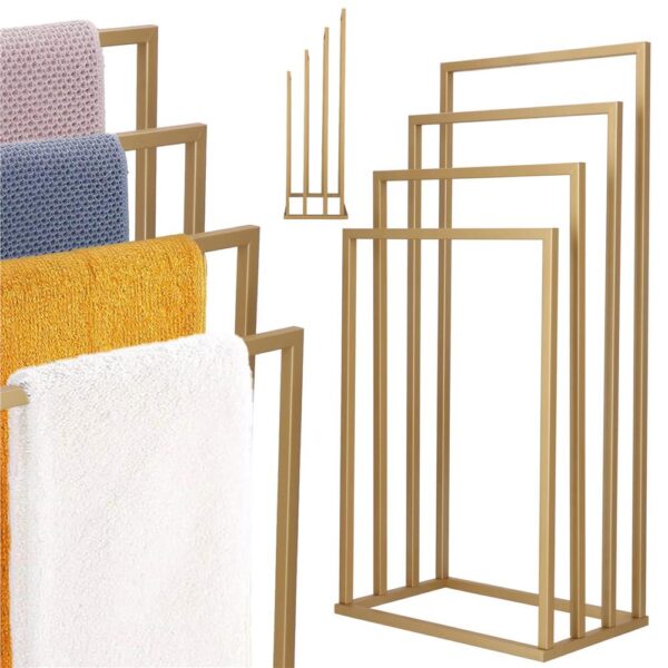 Suport metalic de baie pentru prosoape, cu 4 standuri, 96 cm, auriu mat - Image 5