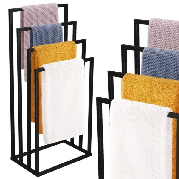 Suport metalic de baie pentru prosoape, cu 4 standuri, 96 cm, negru - Image 4