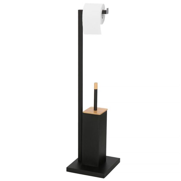 Stand cu perie WC si suport hartie igienica, metal si bambus, 79cm, negru - Image 3