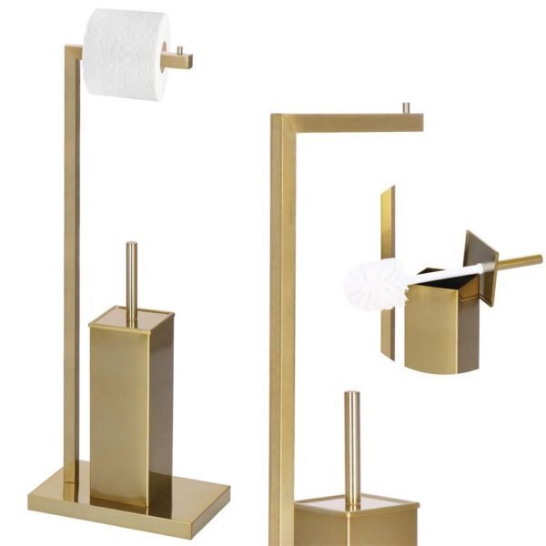 Stand cu perie WC si suport hartie igienica, metal si bambus, 67cm, auriu - Image 3