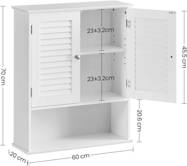 VASAGLE Dulap de perete pentru baie, cu raft reglabil si 2 usi, 20x60x70 cm, alb - Image 3