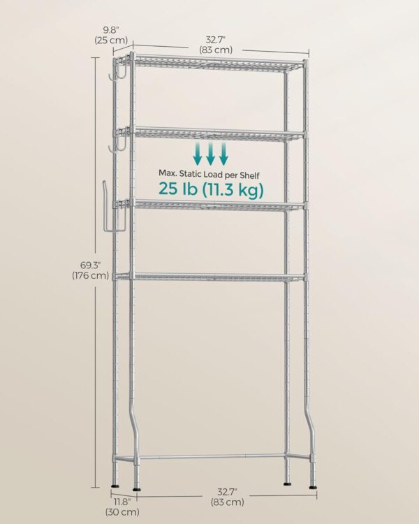 SONGMICS Fürdőszoba tárolópolc, a mosógépre vagy a wc csészére átlapolva, 30x83x176 cm, ezüst - Image 3