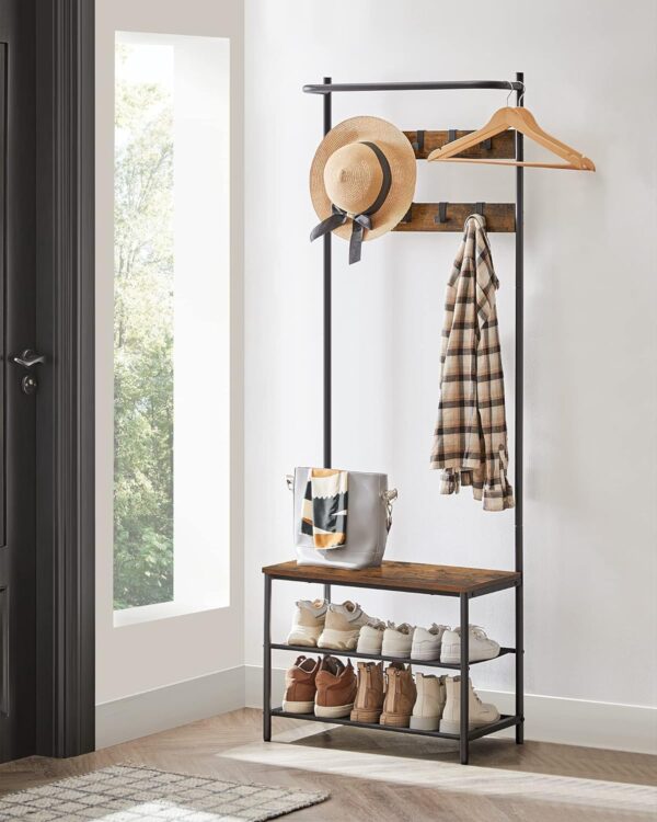 VASAGLE Cuier cu rafturi depozitare pantofi si ​​bara suspendata, industrial, 32x64x180 cm, maro rustic si negru - Image 3