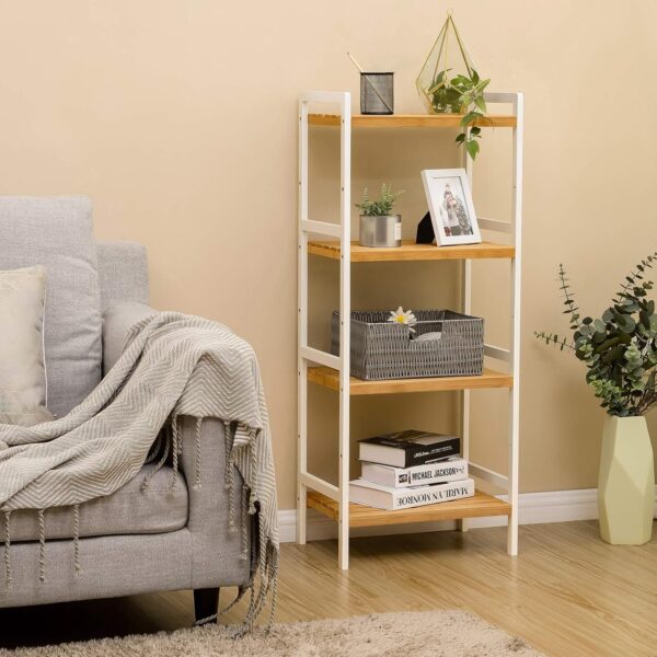 SONGMICS Raft din bambus cu 4 nivele reglabile, pentru bucatarie sau baie, 32x45x111 cm, alb si maro - Image 3