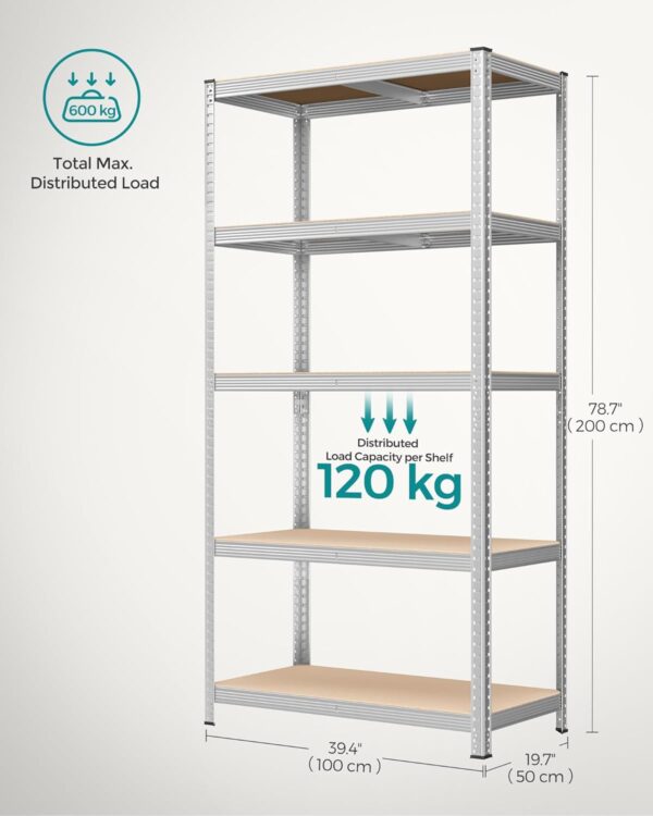 SONGMICS Fém tárolópolc, MDF polcokkal, 5 polc, max. 600 kg, 200x100x50cm, ezüst - Image 3