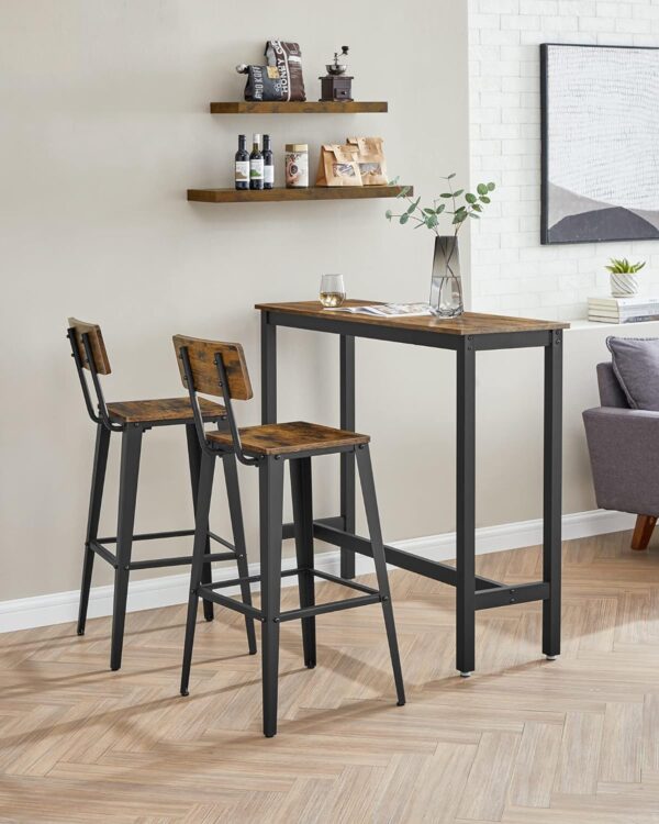 VASAGLE Set 2 scaune de bar, inalte cu spatar, industrial, 45x45x102cm, maro rustic si negru - Image 3