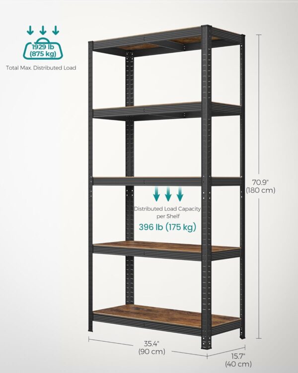 SONGMICS Moduláris fém keretes polc tároláshoz, 5 polc, 180x90x40 cm, terhelés 875 kg, rusztikus barna - Image 3
