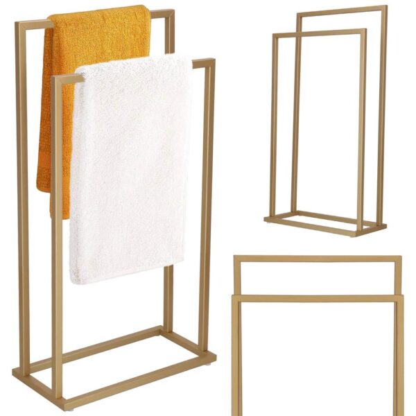 Suport metalic de baie pentru prosoape, cu 2 standuri, 86 cm, auriu mat - Image 5