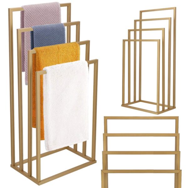 Suport metalic de baie pentru prosoape, cu 4 standuri, 96 cm, auriu mat - Image 6