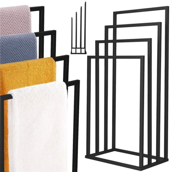 Suport metalic de baie pentru prosoape, cu 4 standuri, 96 cm, negru - Image 5