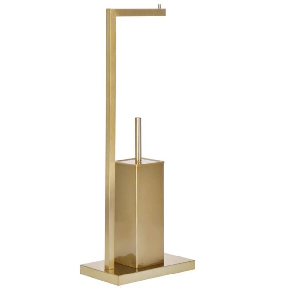 Stand cu perie WC si suport hartie igienica, metal si bambus, 67cm, auriu - Image 4