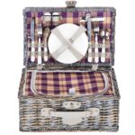Piknikkosár 4 fő részére Deluxe, fonott, edényekkel, evőeszközökkel, hőszigetelt, szürke