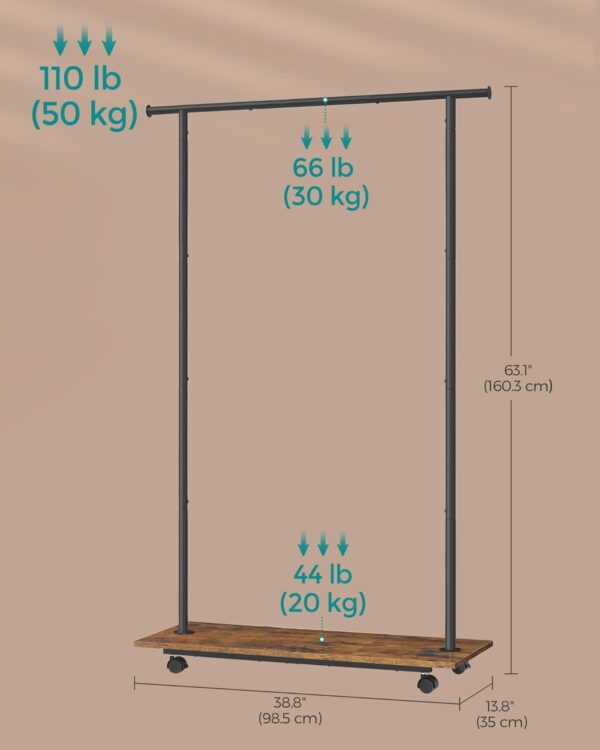 SONGMICS Suport pentru haine cu sina de agatat si polita inferioara, pe roti, 35x99x160 cm, negru - Image 3