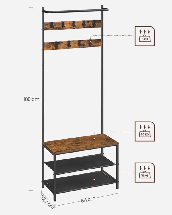 VASAGLE Cuier cu rafturi depozitare pantofi si ​​bara suspendata, industrial, 32x64x180 cm, maro rustic si negru - Image 4