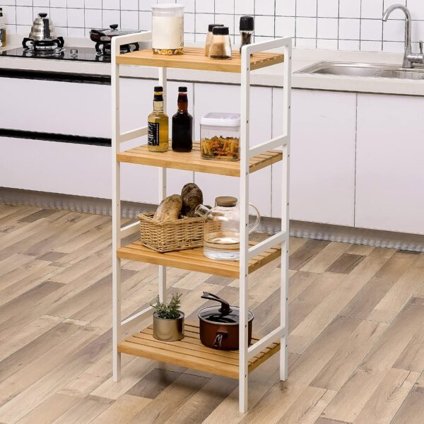 SONGMICS Raft din bambus cu 4 nivele reglabile, pentru bucatarie sau baie, 32x45x111 cm, alb si maro - Image 4