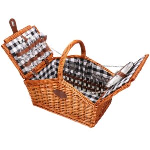 Piknikkosár 4 személyes Deluxe, fonott, edényekkel és evőeszközökkel, hőszigetelt, barna