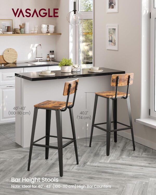 VASAGLE Set 2 scaune de bar, inalte cu spatar, industrial, 45x45x102cm, maro rustic si negru - Image 4