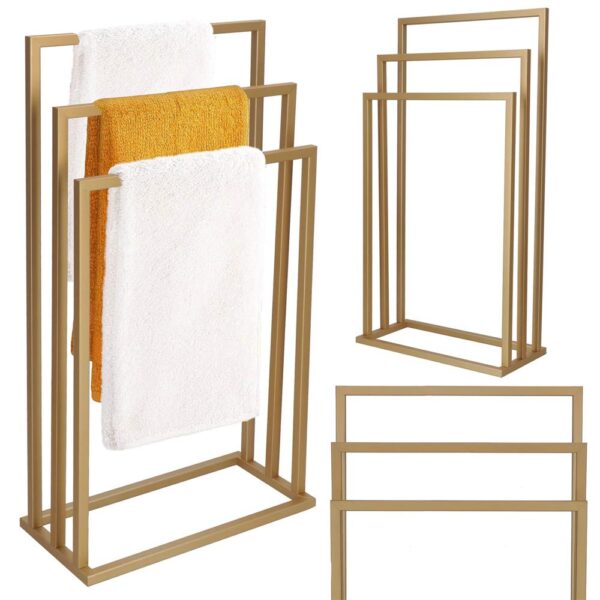 Suport metalic de baie pentru prosoape, cu 3 standuri, 86 cm, auriu mat - Image 6