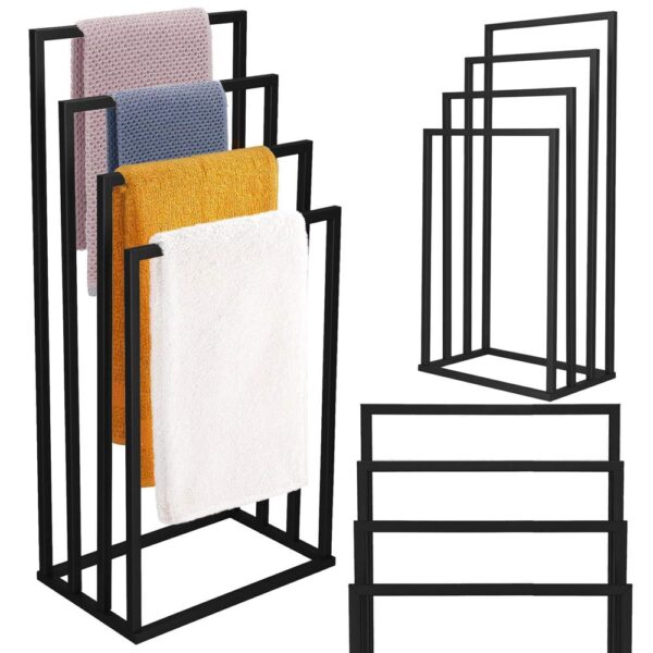 Suport metalic de baie pentru prosoape, cu 4 standuri, 96 cm, negru - Image 6