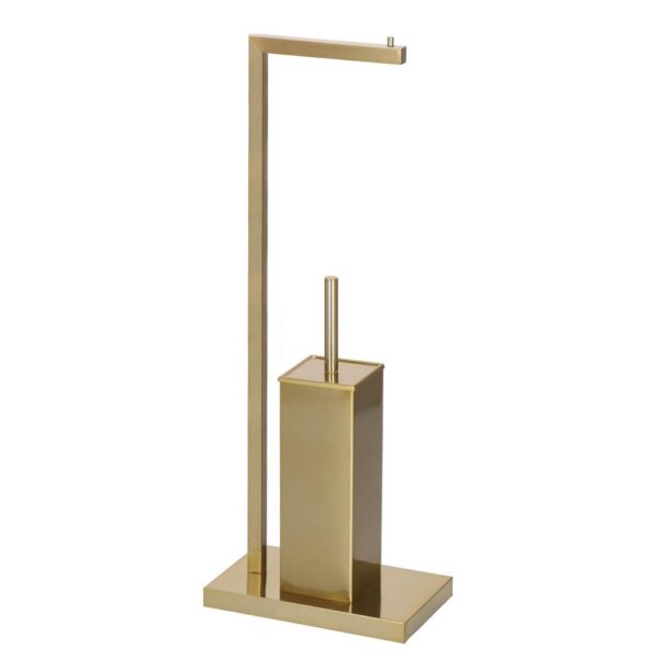 Stand cu perie WC si suport hartie igienica, metal si bambus, 67cm, auriu - Image 5