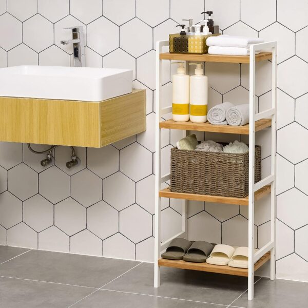 SONGMICS Raft din bambus cu 4 nivele reglabile, pentru bucatarie sau baie, 32x45x111 cm, alb si maro - Image 5