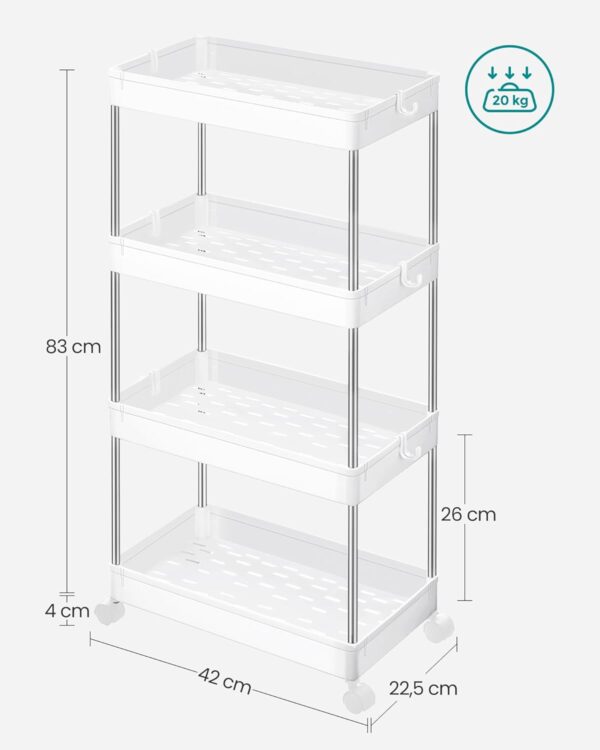 SONGMICS Carucior de depozitare mobil cu roti, pe 4 niveluri, 40x22x86 cm, alb - Image 5