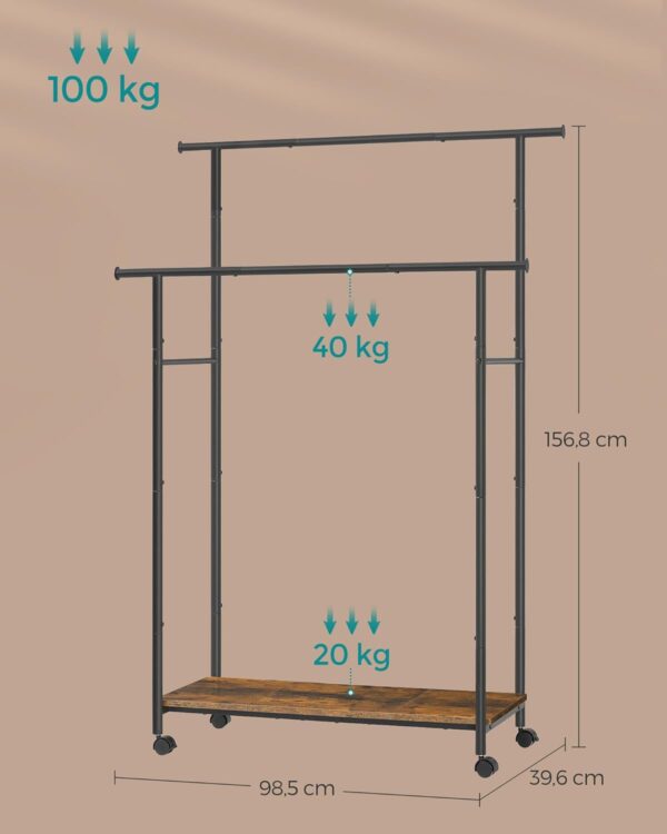 SONGMICS Suport pentru haine dublu cu 2 sine de agatat si polita inferioara, pe roti, 40x99x157 cm, negru - Image 5
