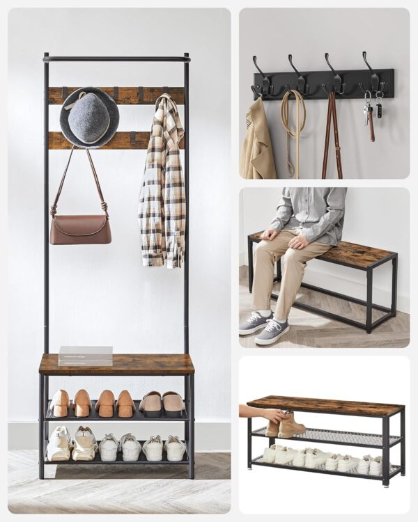 VASAGLE Cuier cu rafturi depozitare pantofi si ​​bara suspendata, industrial, 32x64x180 cm, maro rustic si negru - Image 6