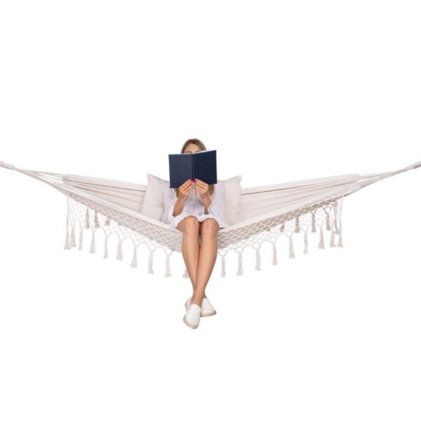 Kétszemélyes függőágy rojtokkal és 2 párnával, 200kg, 200×150 cm, bézs - Image 8