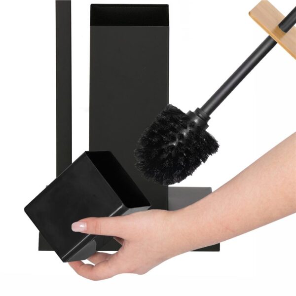 Stand cu perie WC si suport hartie igienica, metal si bambus, 79cm, negru - Image 7