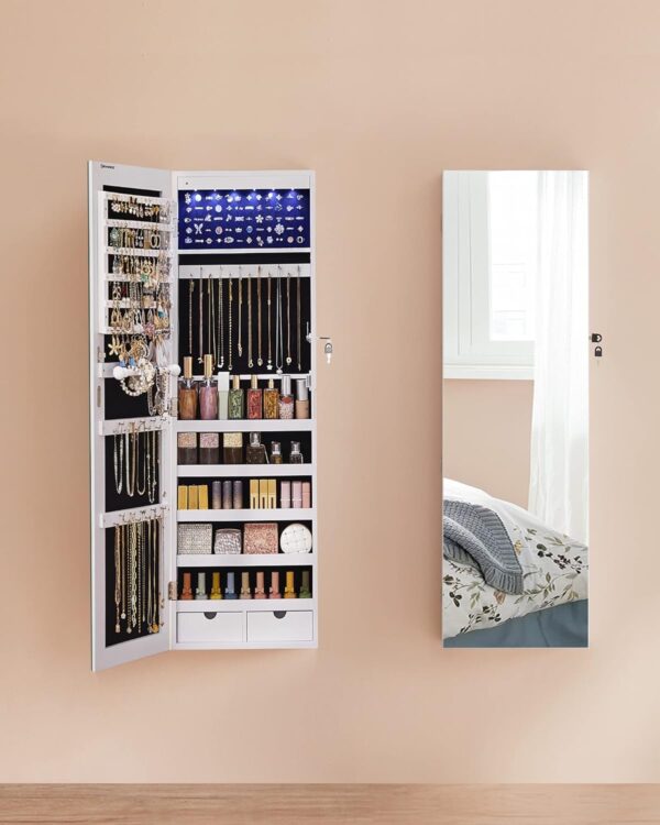 SONGMICS Ékszer szekrény tükörrel, falra szerelhető, LED lámpák, 37x10x120cm, fehér - Image 8