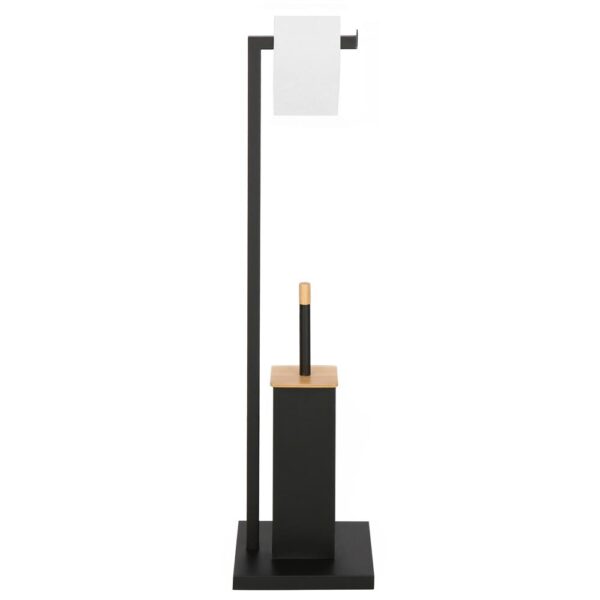 Stand cu perie WC si suport hartie igienica, metal si bambus, 79cm, negru - Image 8