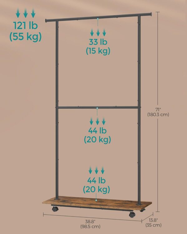 SONGMICS Ruhatartó 2 függesztősínnel és alsó polccal, kerekeken, 35x99x180 cm, fekete - Image 8