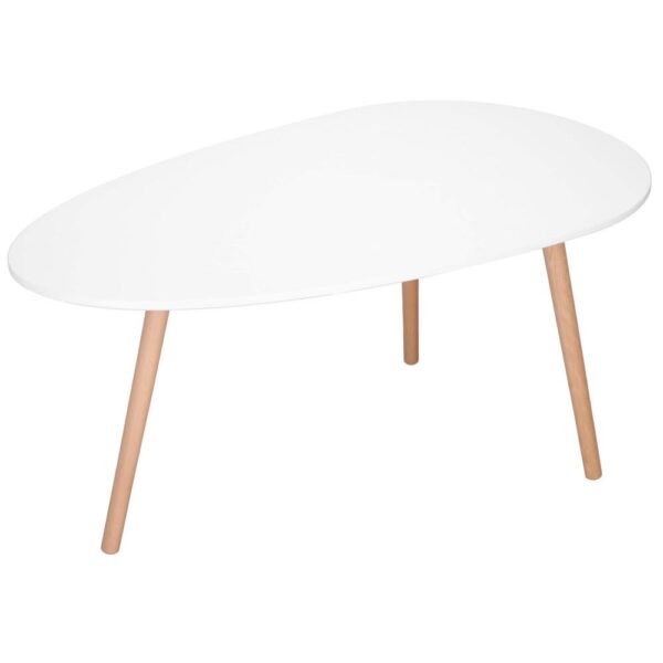 Dohányzóasztal, ovális, felső 100x50 cm, magasság 48 cm, MDF lap, fa lábak, Fehér