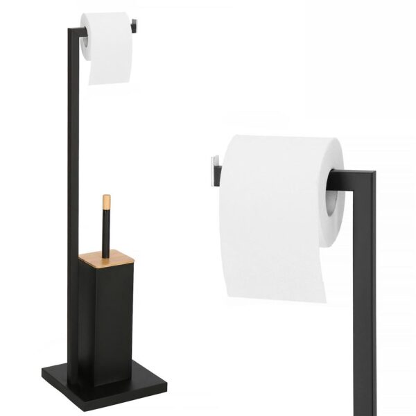 Stand cu perie WC si suport hartie igienica, metal si bambus, 79cm, negru - Image 9