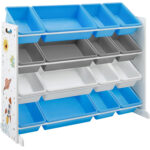 SONGMICS játéktároló polc, 16 kivehető műanyag doboz, 89x27x106cm, fehér