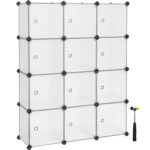 SONGMICS 12 kockás tároló egység cipők vagy ruhák tárolására, személyre szabható, 31x93x123 cm, átlátszó fehér
