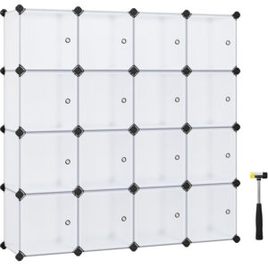 SONGMICS 16 kockás tároló egység cipők vagy ruhák tárolására, személyre szabható, 31x123x123 cm, átlátszó fehér