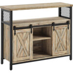 VASAGLE Fiókos szekrény nappaliba vagy konyhába, 2 tolóajtóval, állítható polcokkal, rusztikus stílus, 33x100x80 cm, natúr barna