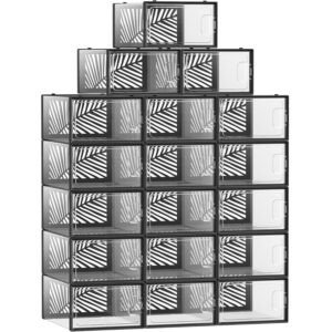 SONGMICS Cipős dobozok, 18 db egymásra rakható rendszerező készlet, ellenálló ABS szerkezet, 34x23x14 cm, átlátszó és fekete