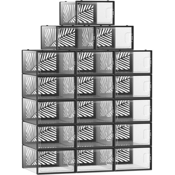 SONGMICS Cipős dobozok, 18 db egymásra rakható rendszerező készlet, ellenálló ABS szerkezet, 34x23x14 cm, átlátszó és fekete