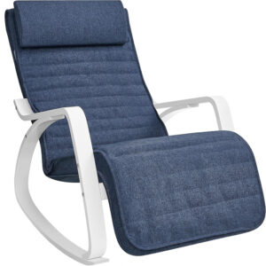 SONGMICS Scaun balansoar din lemn, suport picioare reglabil, maxim 150kg, 67x122x84 cm, albastru