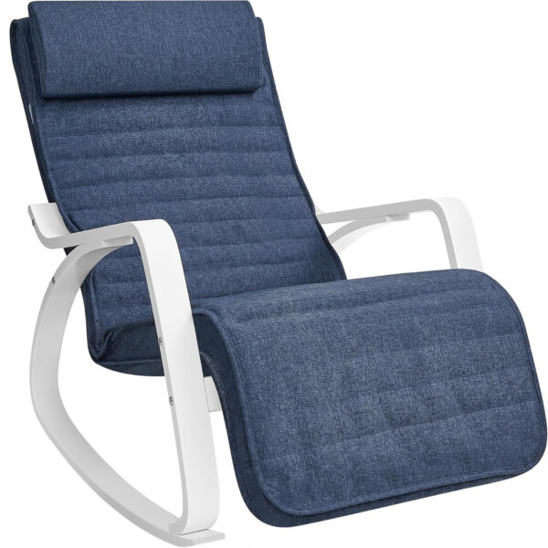 SONGMICS Scaun balansoar din lemn, suport picioare reglabil, maxim 150kg, 67x122x84 cm, albastru