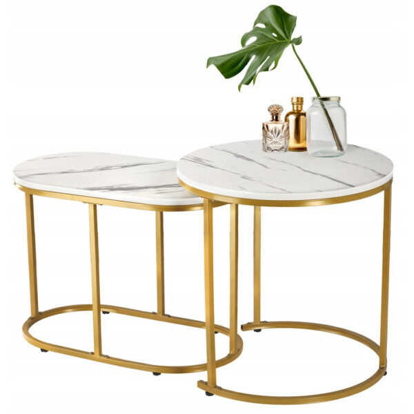 Set 2 mese pentru cafea, cadru otel, blat MDF model marmura, 50x50x50 cm si 60x32x44 cm, alb si auriu - Image 2