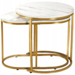 2 darabos dohányzóasztal szett, acél vázzal, márványmintás MDF asztallappal, 50x50x50 cm és 60x32x44 cm, fehér és arany színben