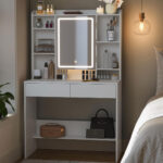 VASAGLE fésülködő asztal tükörrel, állítható LED világítással, 2 fiókkal, 90x40x145cm, fehér