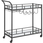 VASAGLE Carucior de servire pentru vin, suport sticle si pahare, cu 2 rafturi din sticla, 38x86x90 cm, negru