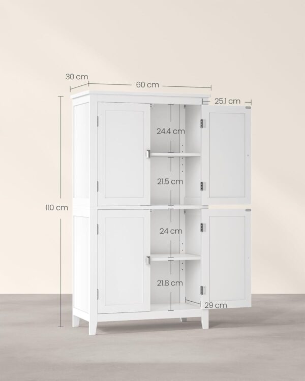VASAGLE Fürdőszoba szekrény MDF-ből, 2 rekeszes és 4 ajtós, állítható polcokkal, 30x60x110cm, fehér - Image 3