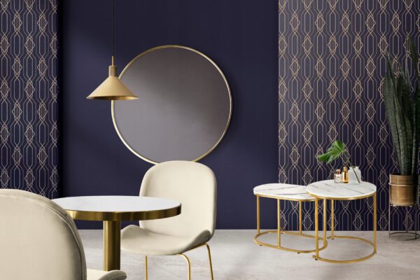Set 2 mese pentru cafea, cadru otel, blat MDF model marmura, 50x50x50 cm si 60x32x44 cm, alb si auriu - Image 3